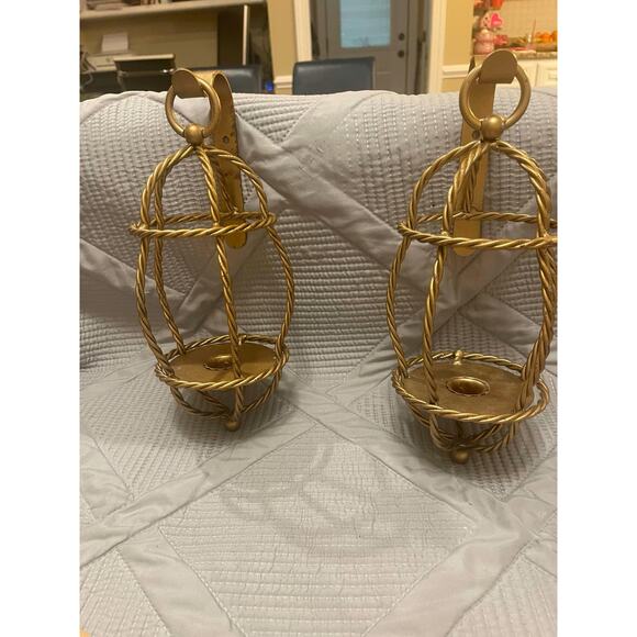 MCM Metal Wall Sconce Set Hanging Basket Candle Holder Gold Vintage 12 inches - Picture 1 of 14